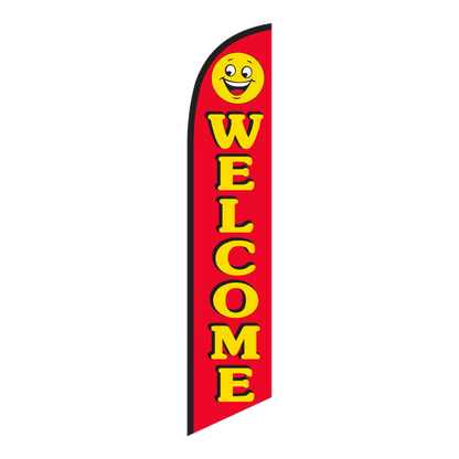 Red Welcome swooper feather flag with yellow lettering and a smiley face