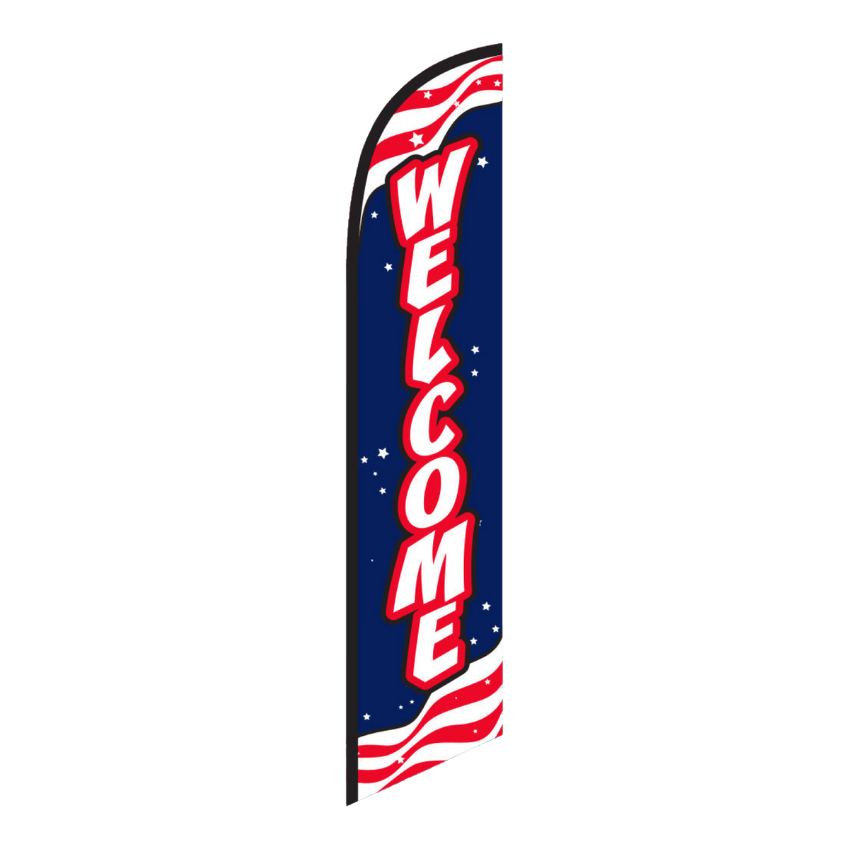 Welcome swooper feather flag with red lettering on stars and stripes