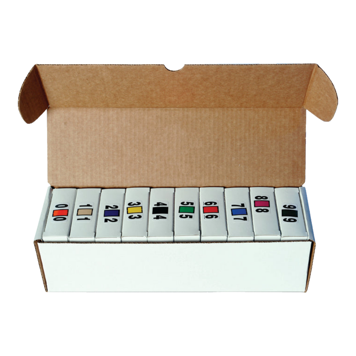 Open white dispenser box holding color code label rolls