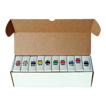 Open white dispenser box holding color code label rolls