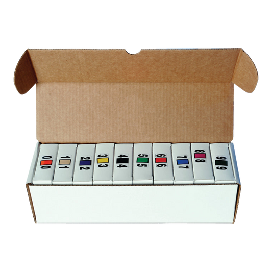 Open white dispenser box holding color code label rolls