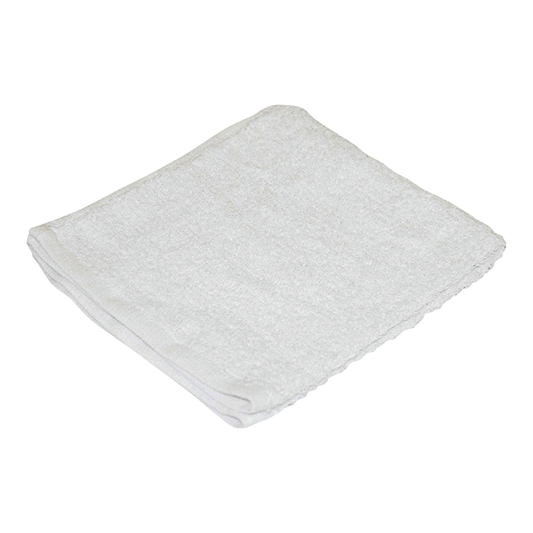 Folded white terry cloth shop towel