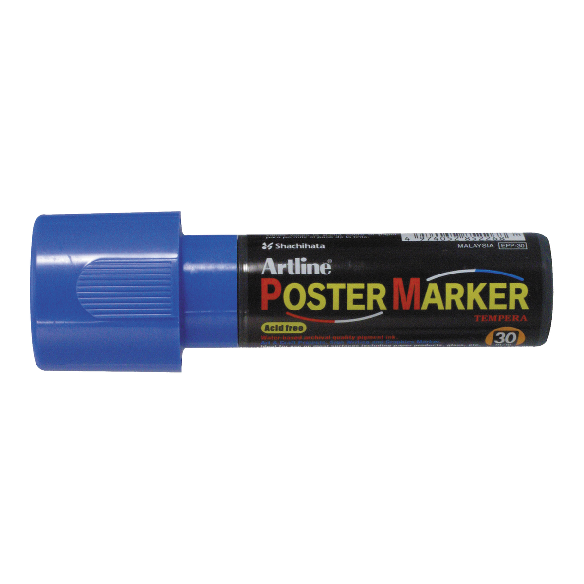Blue Artline Poster Marker 30 mm wide-tip water-based paint marker, capped, on white