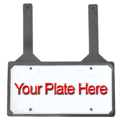 Temporary car license plate holder with text 'Your Plate Here' on a blank white plate