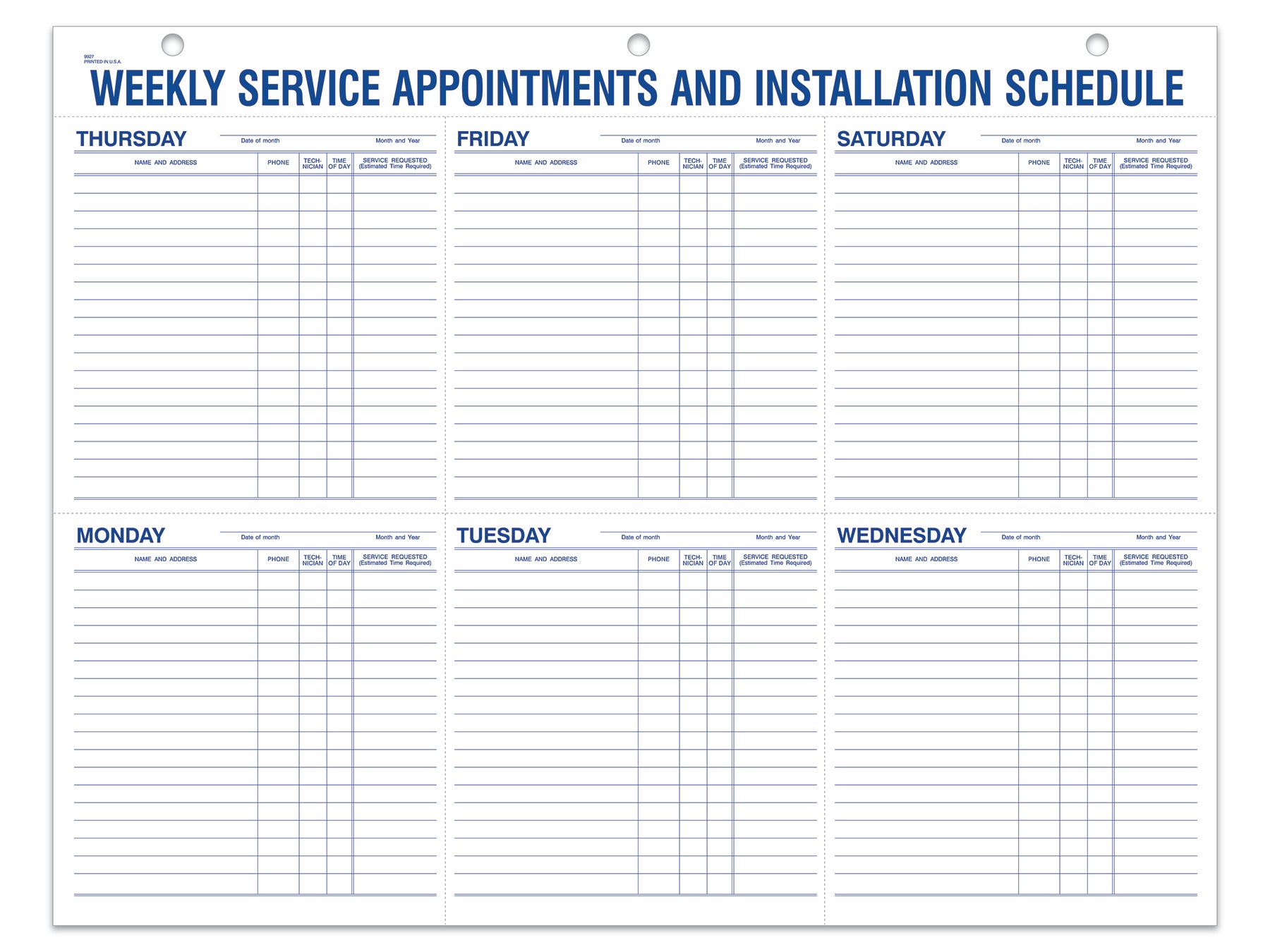 Weekly Service Appt & Inst Schedule - 9927 - 22" x 17"