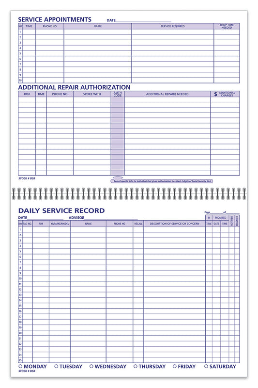 Daily Service Record Book - DSR - 50 Pages 