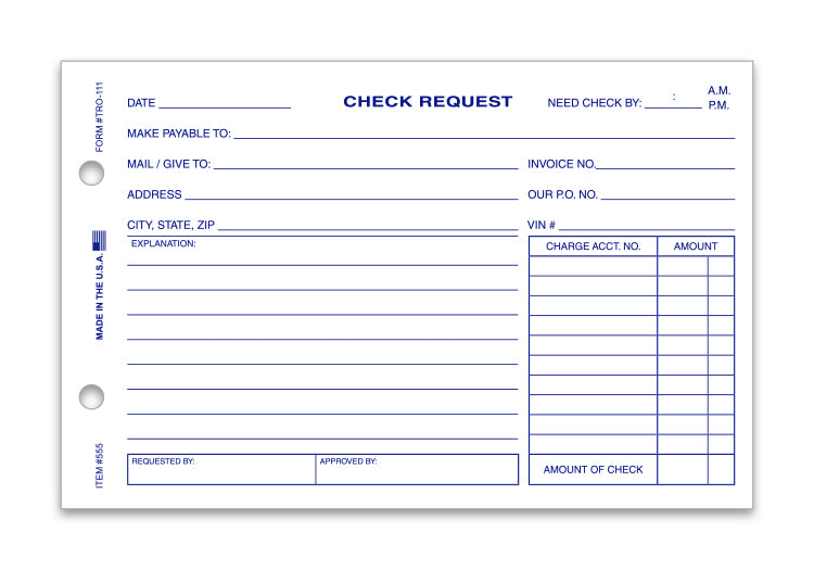 Check Request Form - TRO-111 - Qty. 100 per Pad