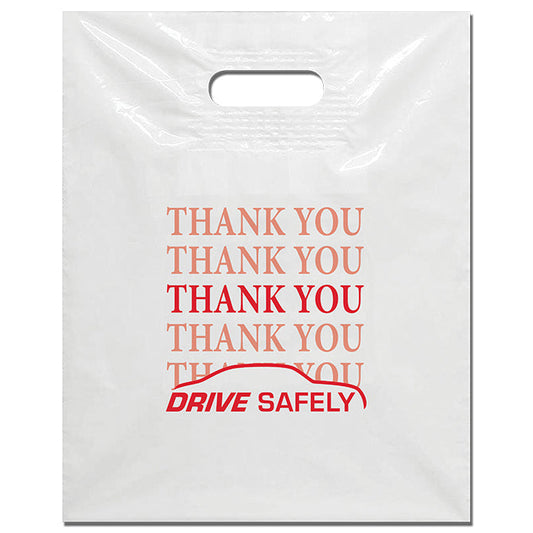 White Plastic Patch Handle Bags - Red Imprint 