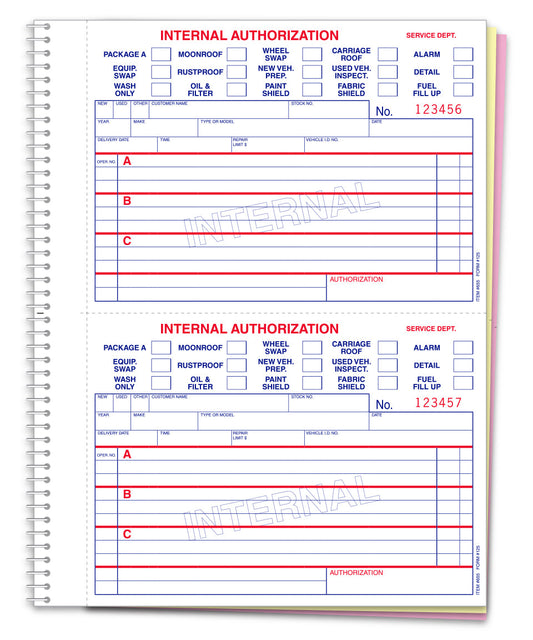 Internal Authorization Book - #125 - 3 Part, 100 per Book