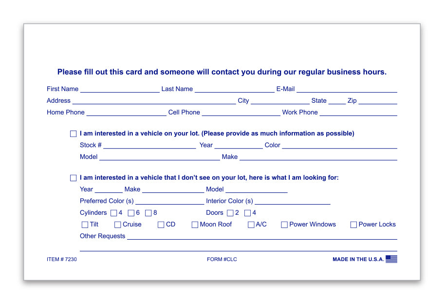 Customer Lead Cards - CLC - 5.5" x 8.5" 