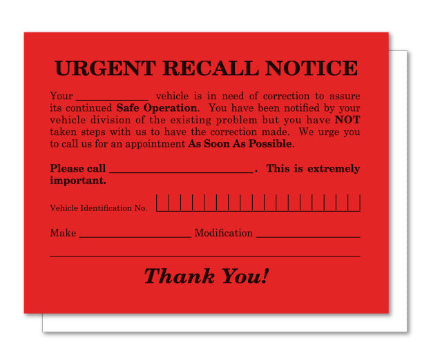 Urgent Recall Notice - RT-6 - 5.5" x 4.25"