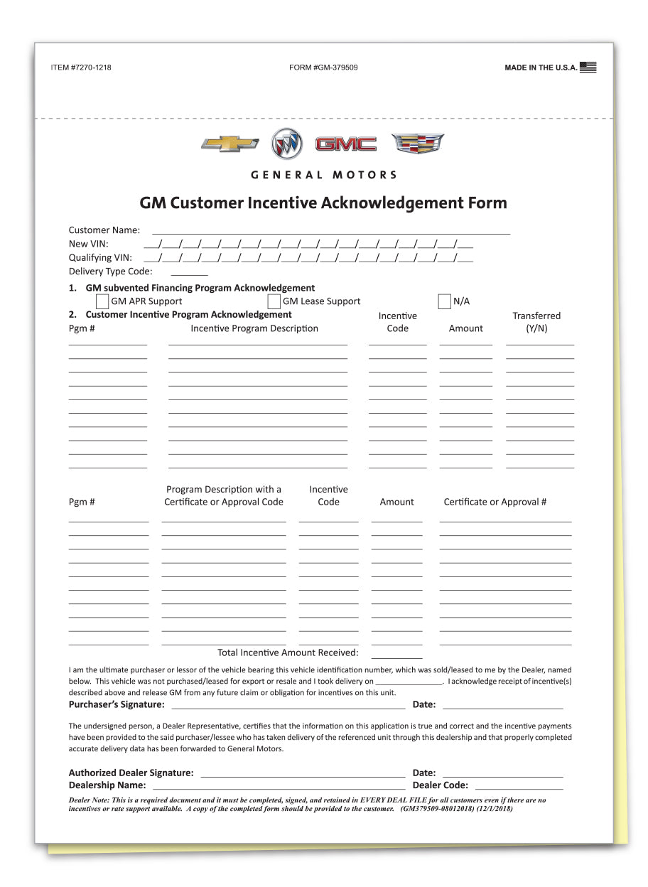 GM Cust. Incentive/OnStar Acknowledge Form - 2 Part