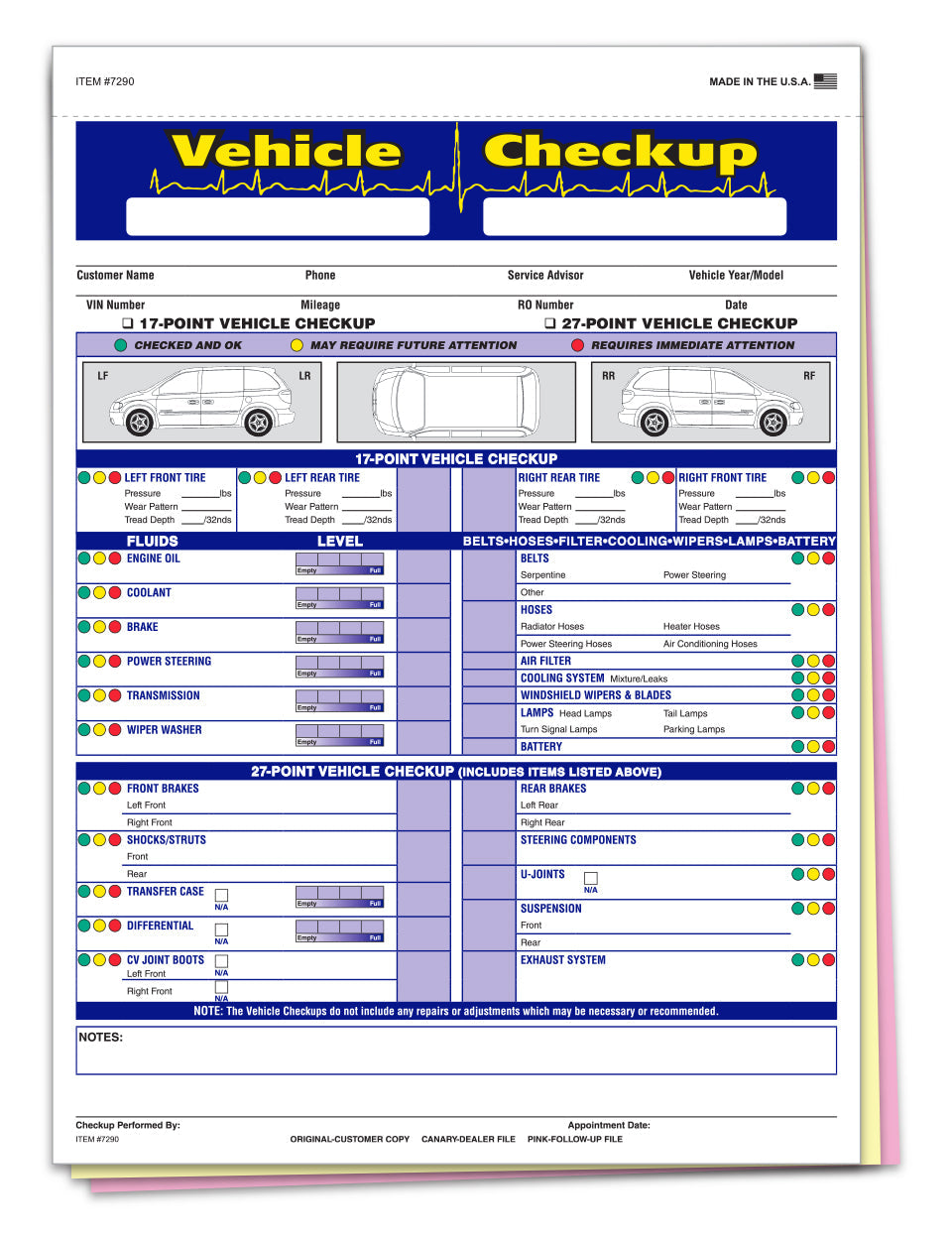 Vehicle Checkup/Inspection Report - 3 Part