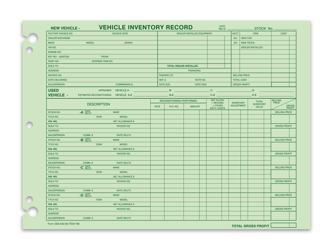 Vehicle Inventory Record - DSA-542-85