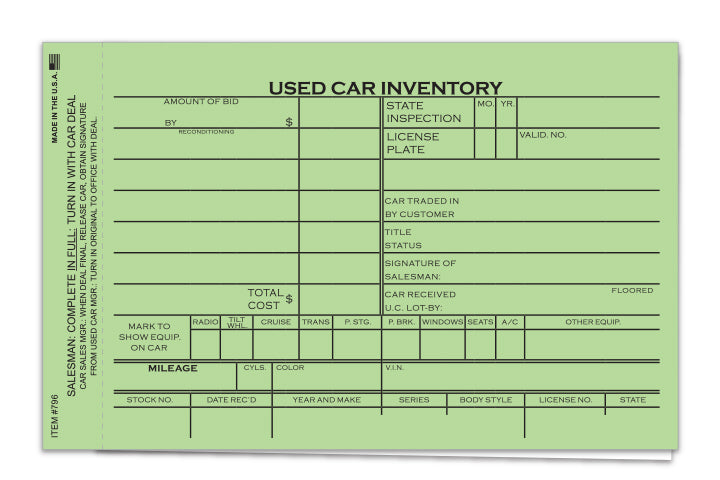 Used Car Inventory Card - 2 Part - 6-5/8" x 4-1/4" 