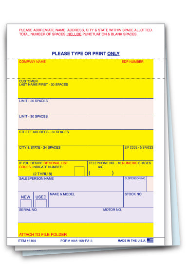 Vehicle Deal Label - AA-168-P/A-3 - Perm. Adh. - 3 Part - Qty. 100