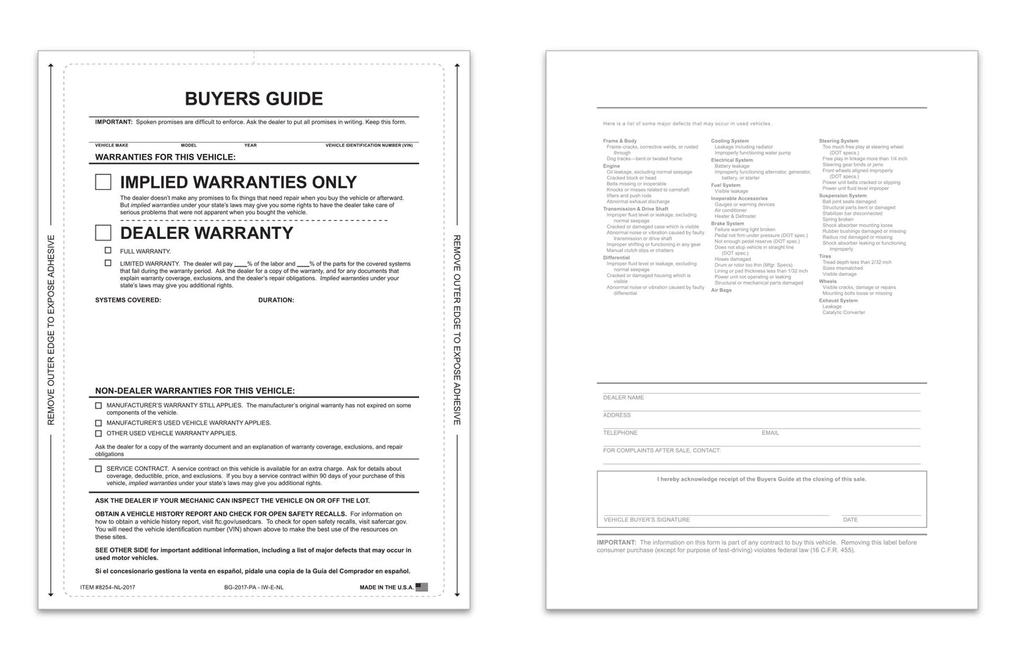 Interior Buyers Guide - Implied Warranty - P/A - No Lines