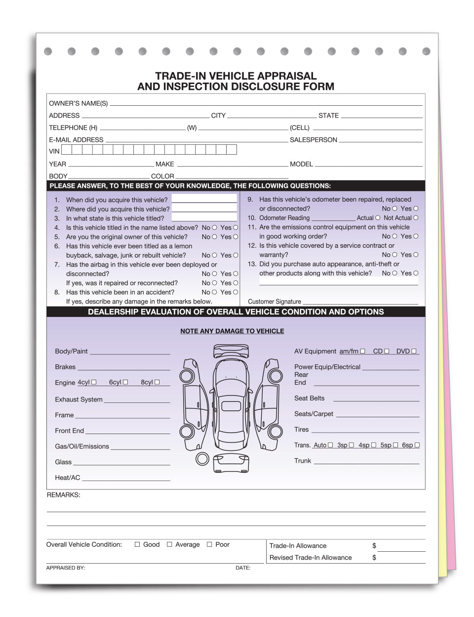 Trade In Vehicle Appraisal & Disclosure Form - 3 Part Snap-Out