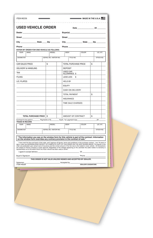 Used Vehicle Order Form Book - 3 Part