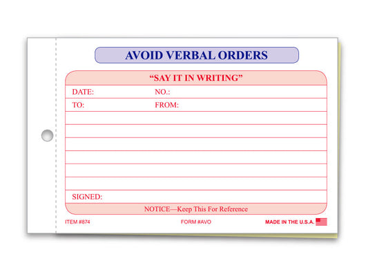 Avoid Verbal Orders Book - Generic, 2 Part