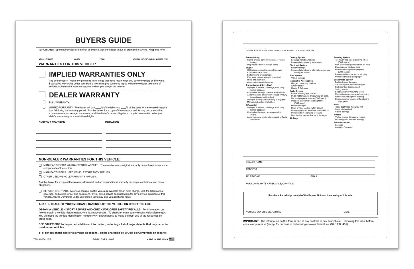 Exterior Buyers Guide - Implied Warranty - P/A