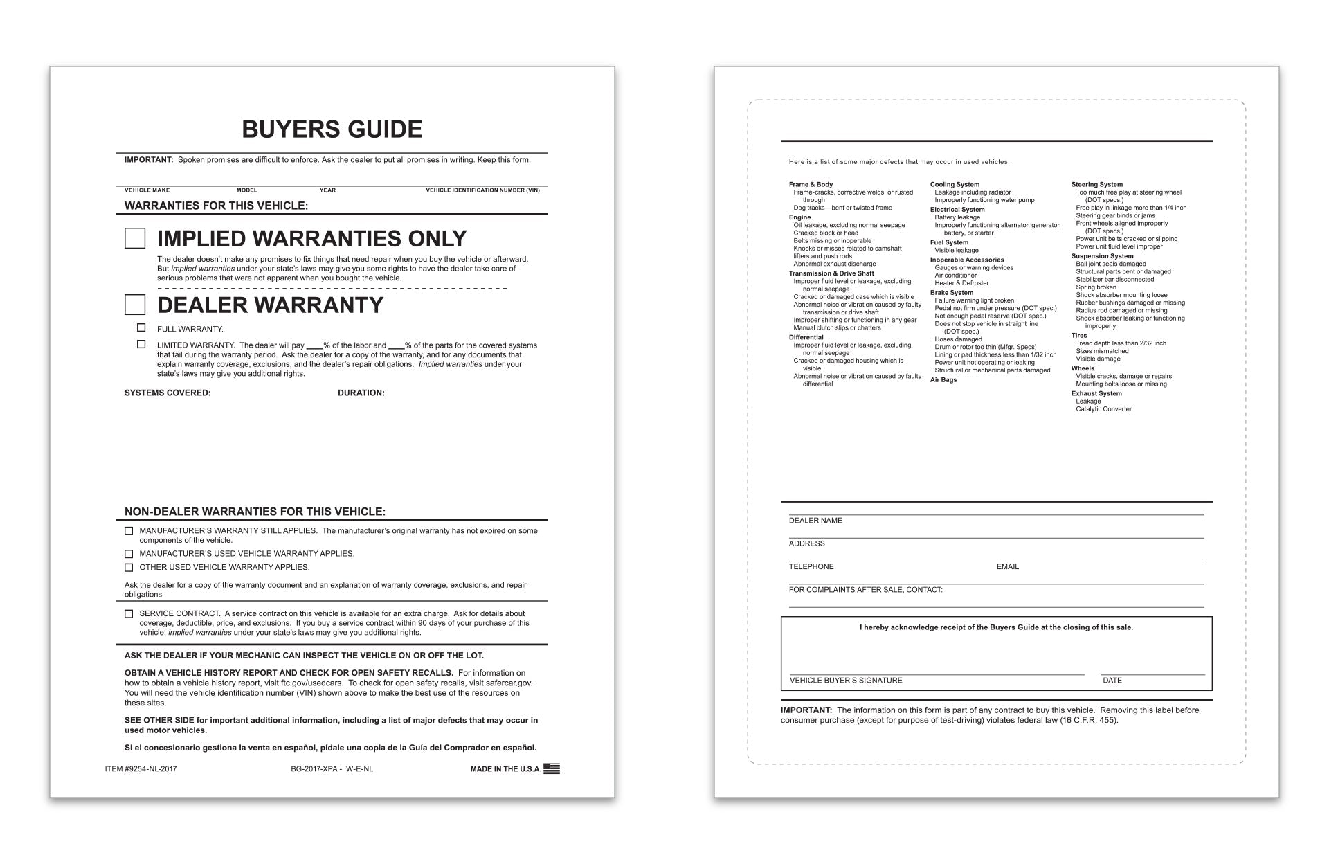 Exterior Buyers Guide - Implied Warranty - P/A - No Lines