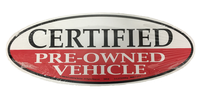 Certified pre-owned vehicle oval sticker, red and white, dealership lot marketing sign