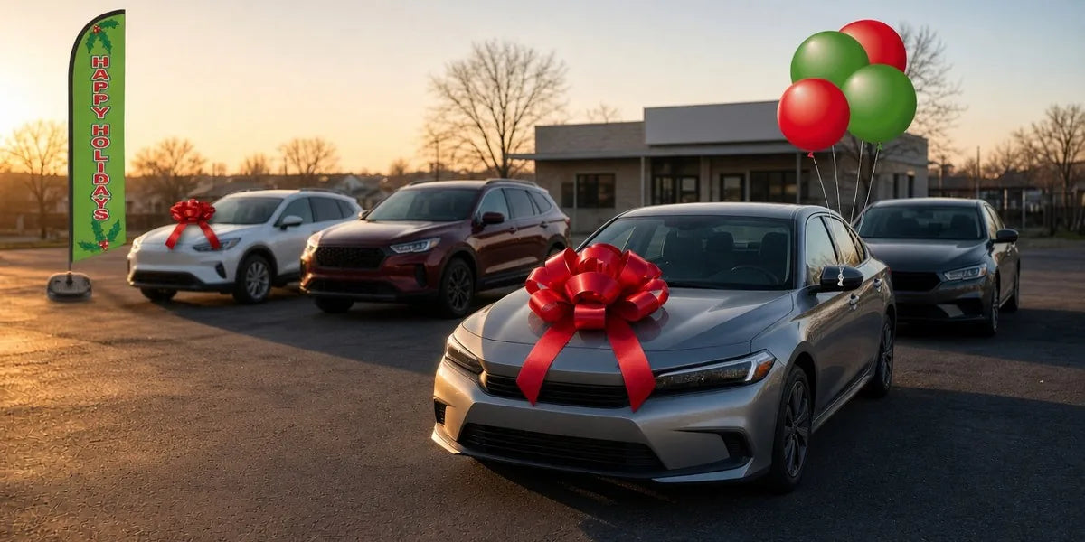 Dealership lot at sunset with red bows on car hoods, red and green balloons and a Happy Holidays swooper flag.