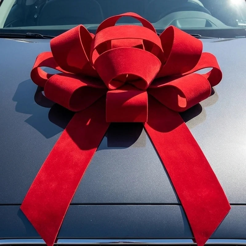 Red velvet bow on a car hood